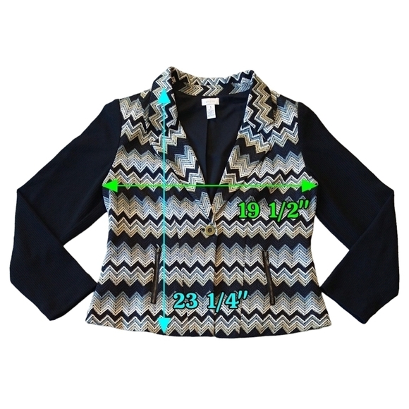 Chico's Black Chevron Zig Zag One Button Blazer Zip Pockets Mixed Media Modern - Picture 3 of 8